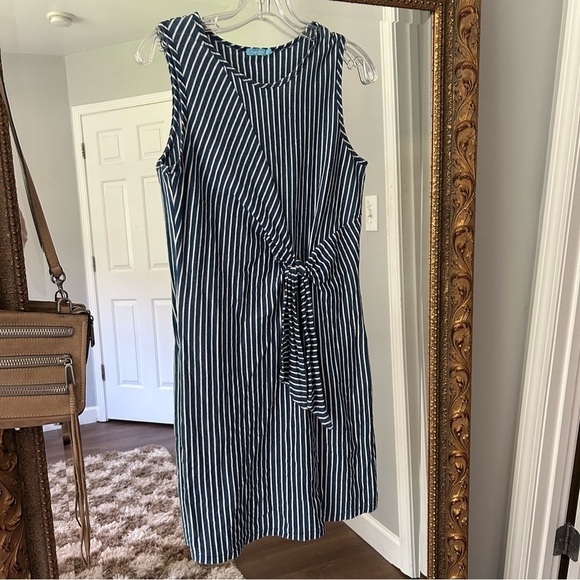 J. MCLAUGHLIN JENN STRIPED SLEEVELESS CREW NECK COTTON TIE WAIST SHEATH DRESS - Picture 3 of 7